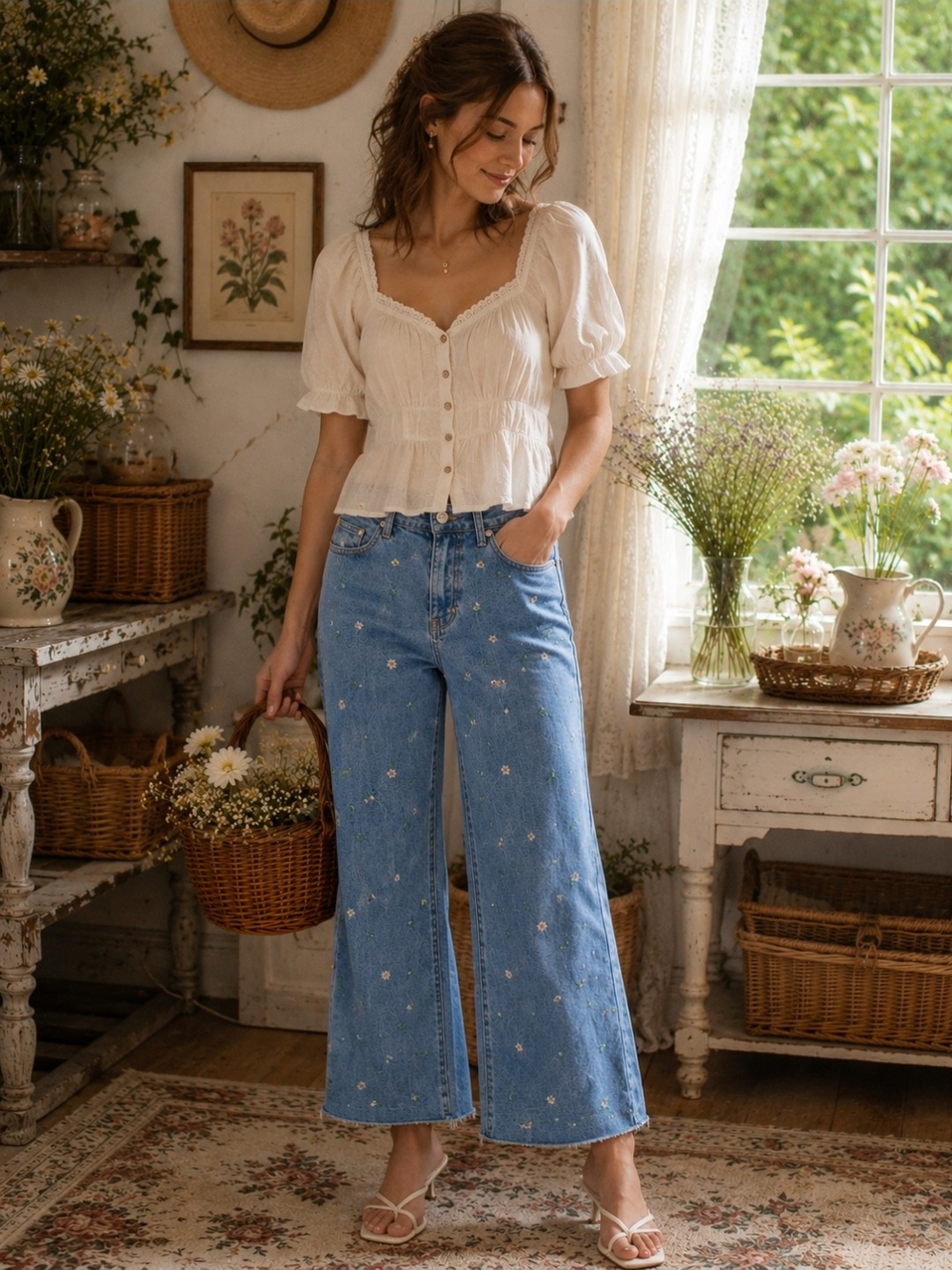 OAT New York Floral Embroidered Wide-Leg Cropped Jeans Size 6/28 NWT